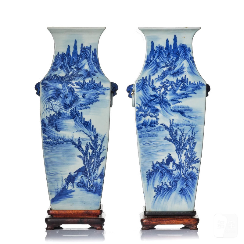 A pair of blue and white 'landscape' vases,